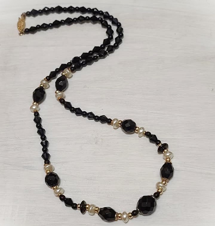 Black Glass Faceted Beads w/Pearls Necklace 24" Long