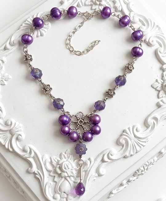 Amethyst and Fresh Water Pearls, Marcasite Sterling Silver Necklace