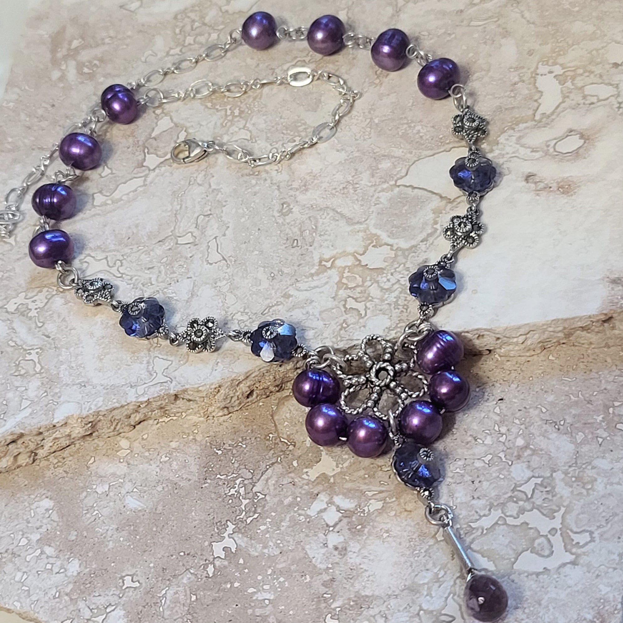 Amethyst, Fresh Water Pearls, Marcasite Sterling Silver Necklace