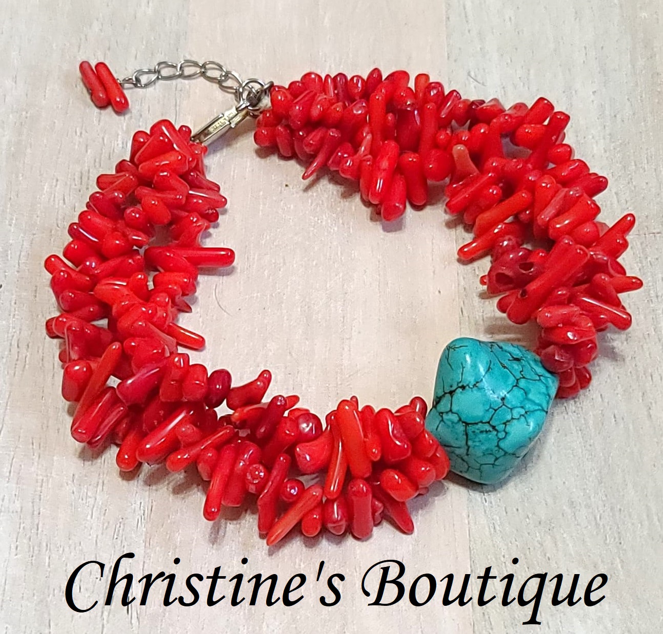 Red Branch Coral & Nugget Turquoise Gemstone Bracelet - Click Image to Close