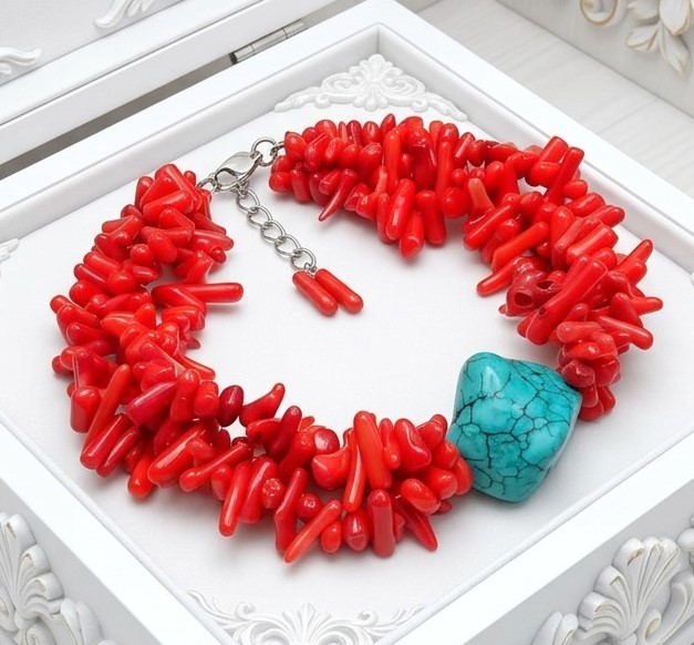 Red Branch Coral & Nugget Turquoise Gemstone Bracelet