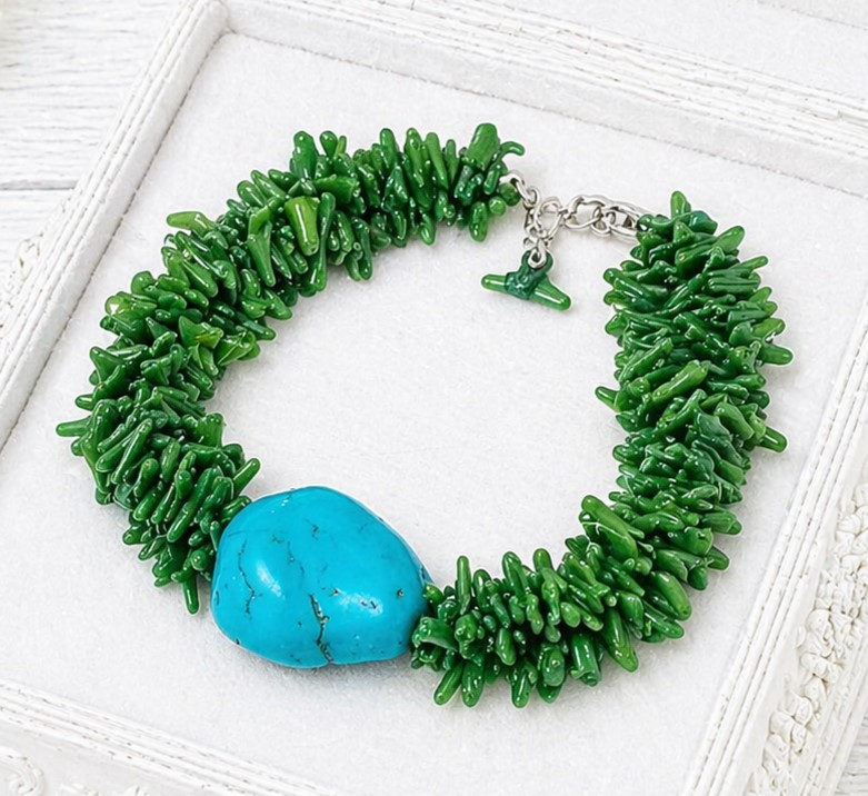Coral bracelet, dyed green coral with center nugget,multi strand chunky bracelet