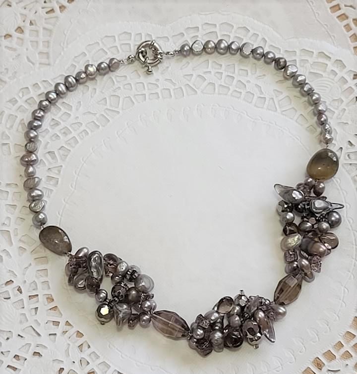 Pearl, Smokey Quartz Gemstone & Glass Cluster Necklace