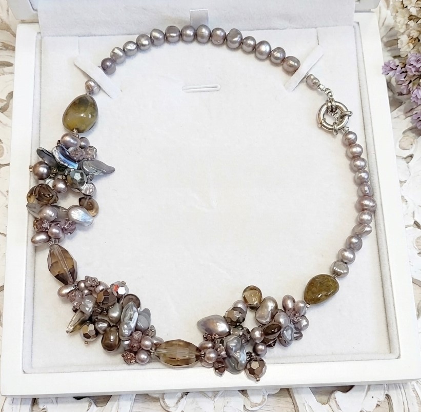Pearl, Smokey Quartz Gemstone & Glass Cluster Necklace