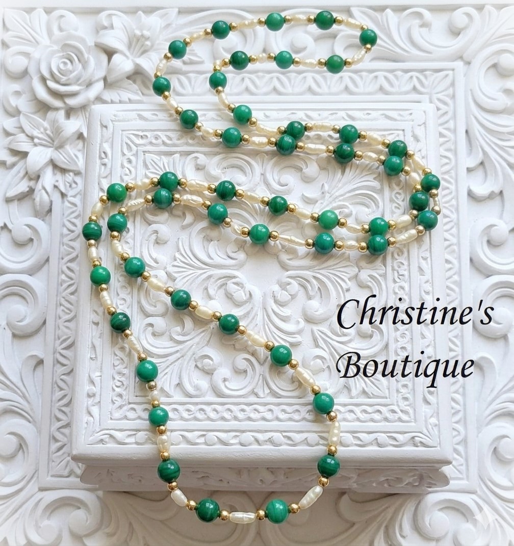 Cultured pearls and green glass beads vintage necklace, flapper necklace 32 inches Cultured pearls and green glass beads vintage necklace, flapper necklace 32 inches