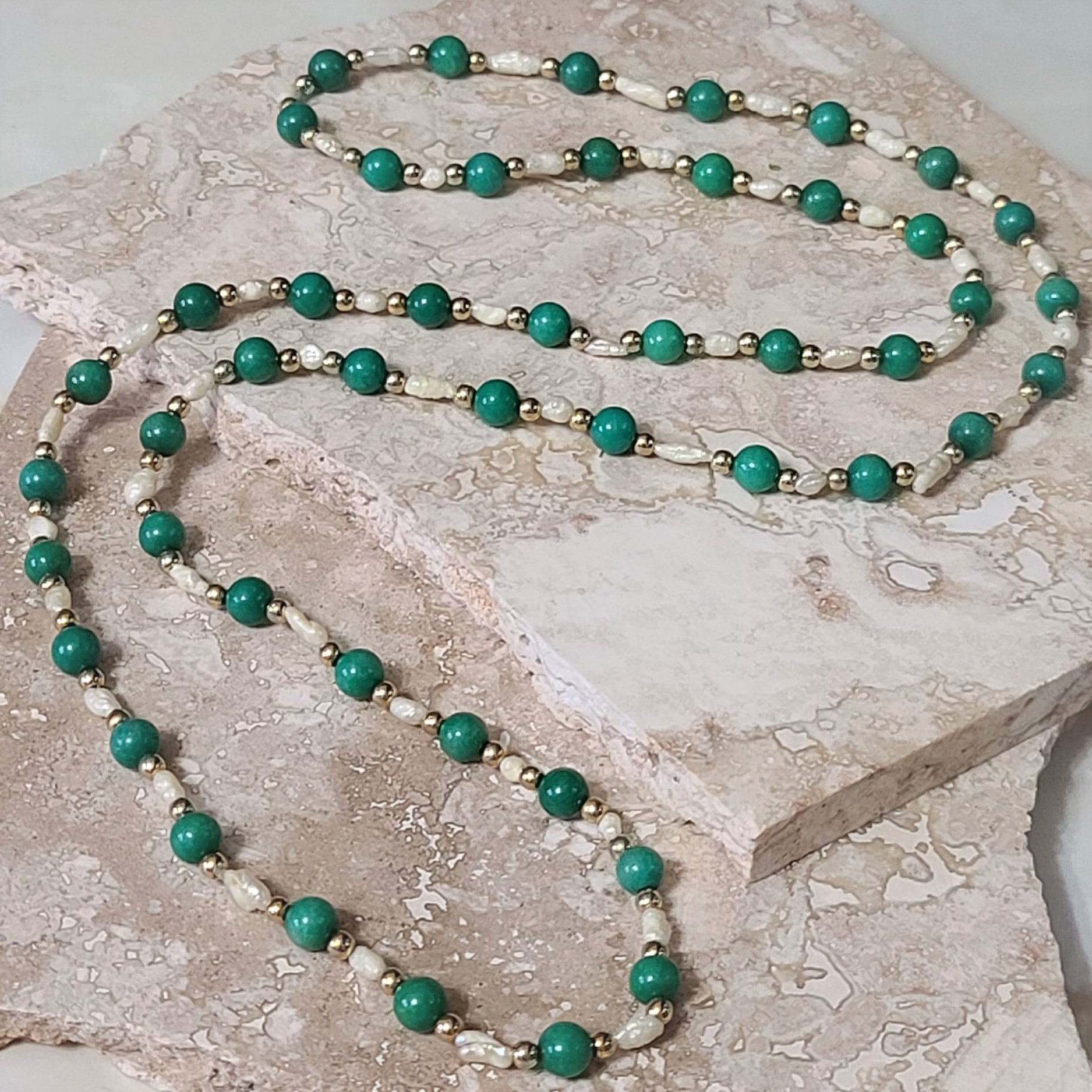 Cultured Pearls & Green Glass Beads Necklace 32"