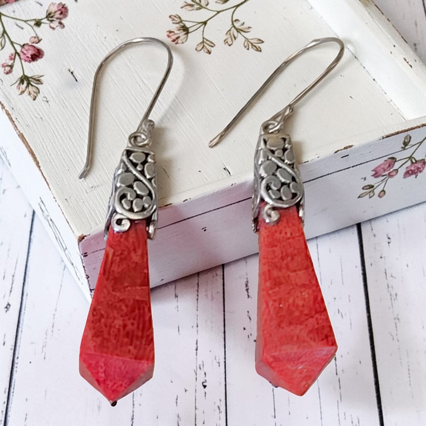 Red Coral Sterling Silver Earrings Dangle 1 1/2"