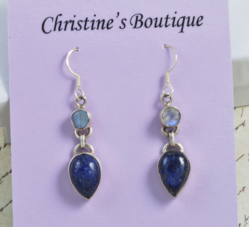Blue Lapis and Rainbow Moonstone 925 Sterling Silver Earrings