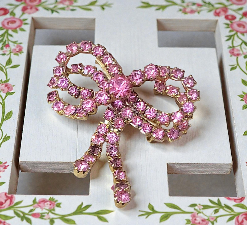 Pink rhinestone pin, vintage bow pin