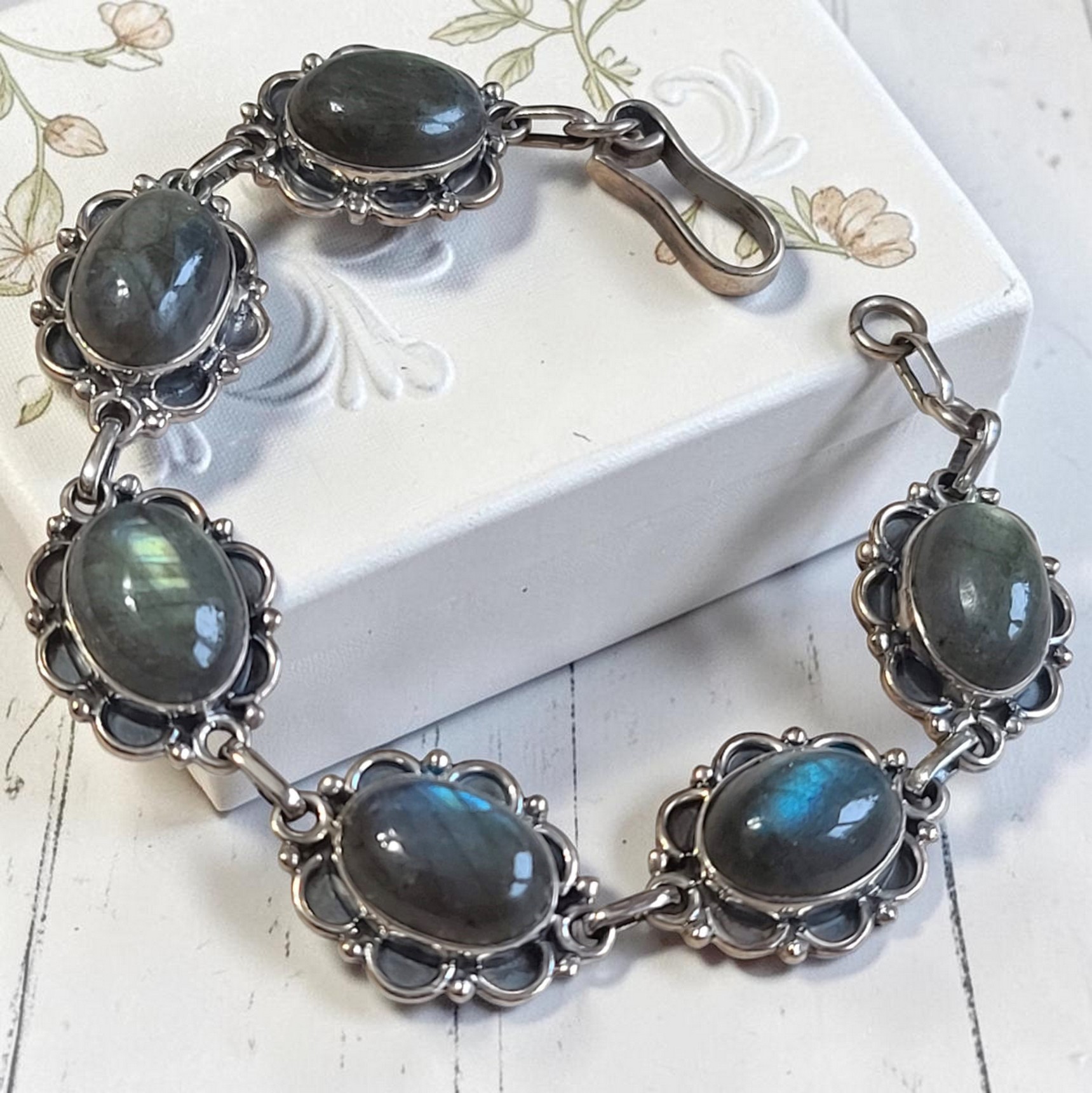 Labradorite Gemstone & Sterling .925 Silver Bracelet 7.5"
