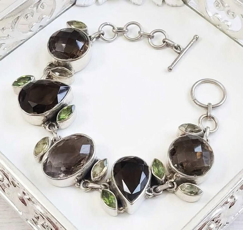 Smokey Topaz, Citrine, Peridot 925 Sterling Silver Bracelet