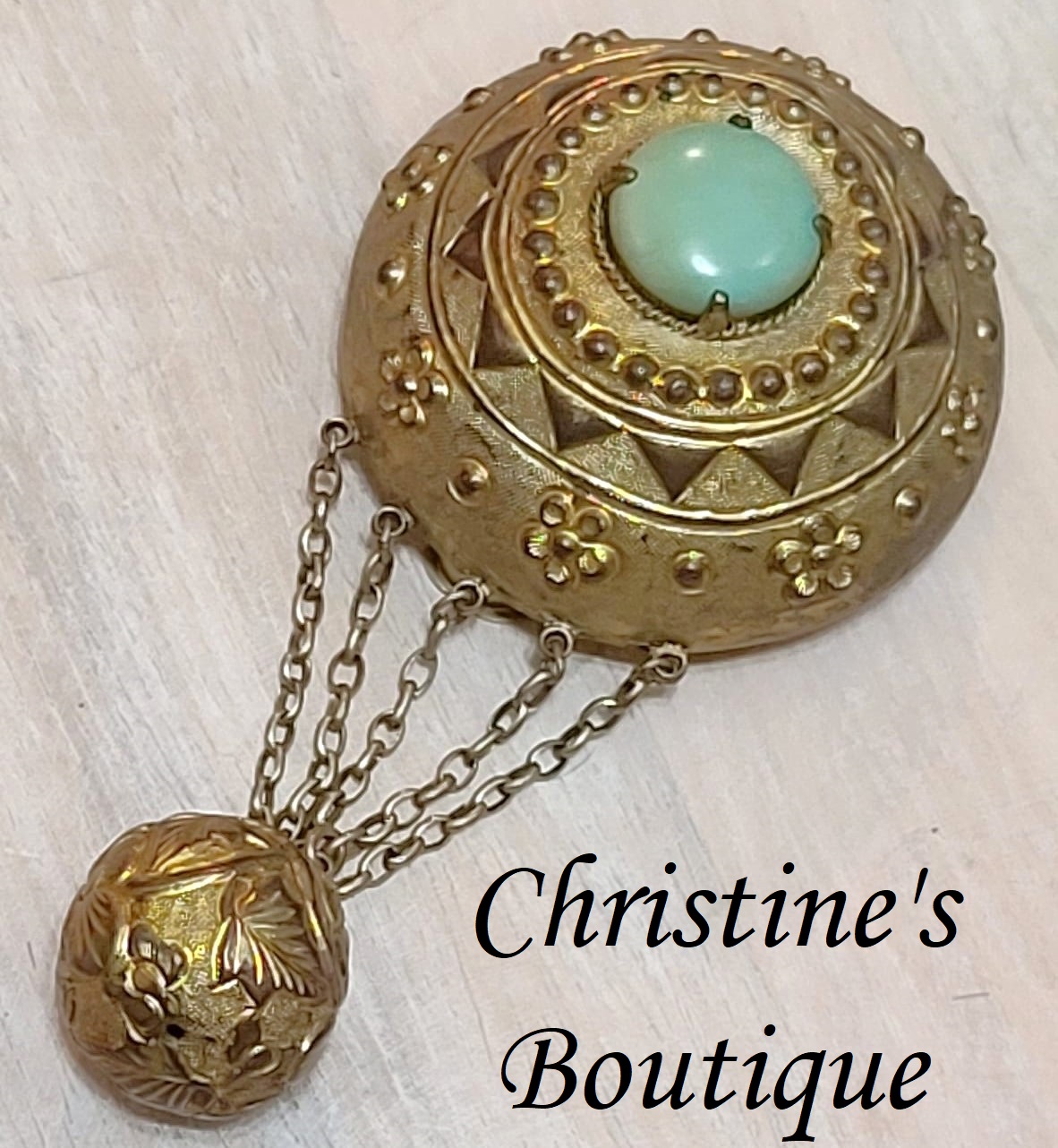 Estate, antique dress clip or scarf clip with turquose cabachone center, ornate, rare - Click Image to Close