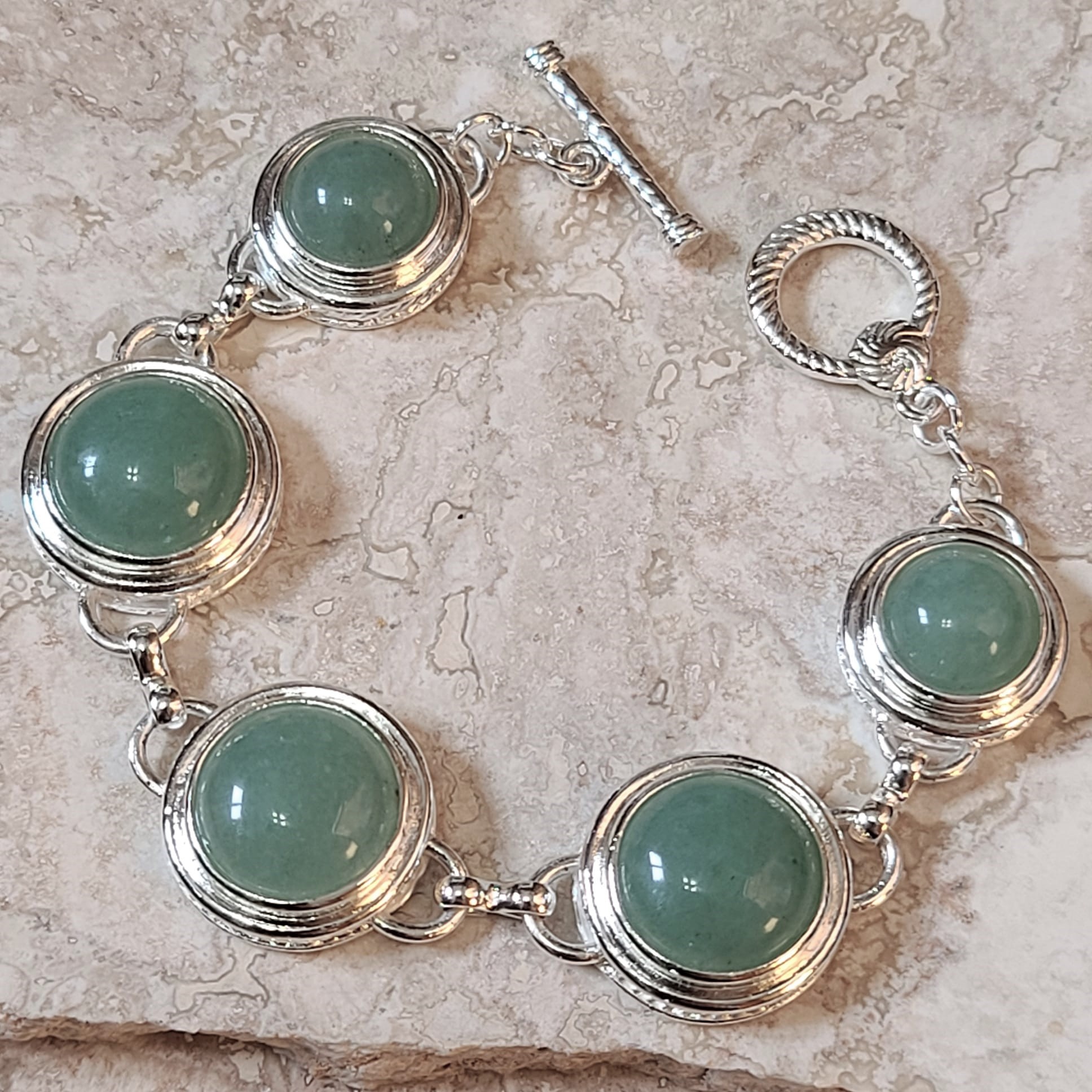 Green Jade and 925 Sterling Silver Plated Bracelet - Click Image to Close