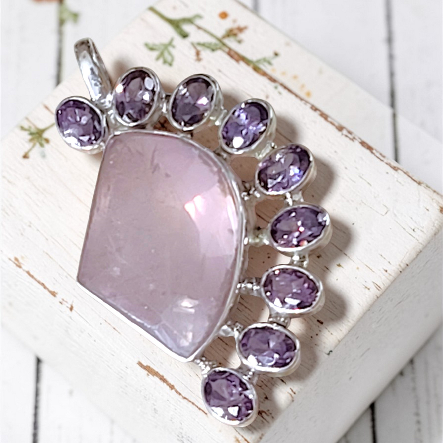 Rose Quartz and Amethyst Gemstone Pendant 925 Sterling Silver - Click Image to Close
