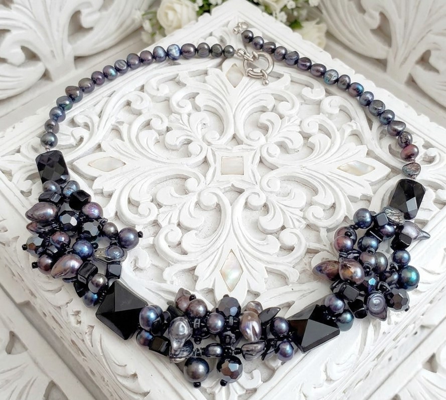 Peacock Pearl & Freshwater Pearls, Black Onyx Twist Necklace