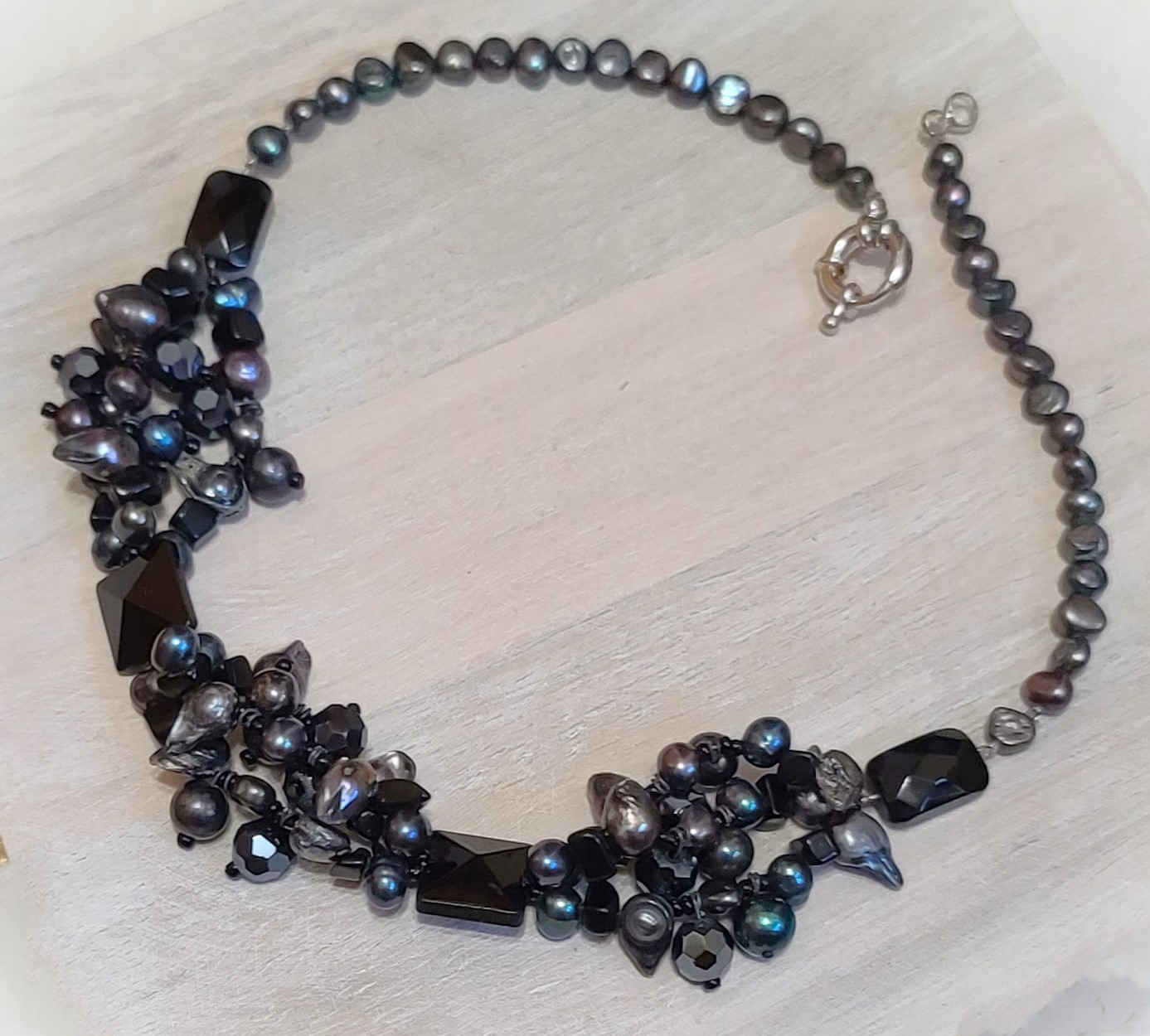 Peacock Pearl & Freshwater Pearls, Black Onyx Twist Necklace