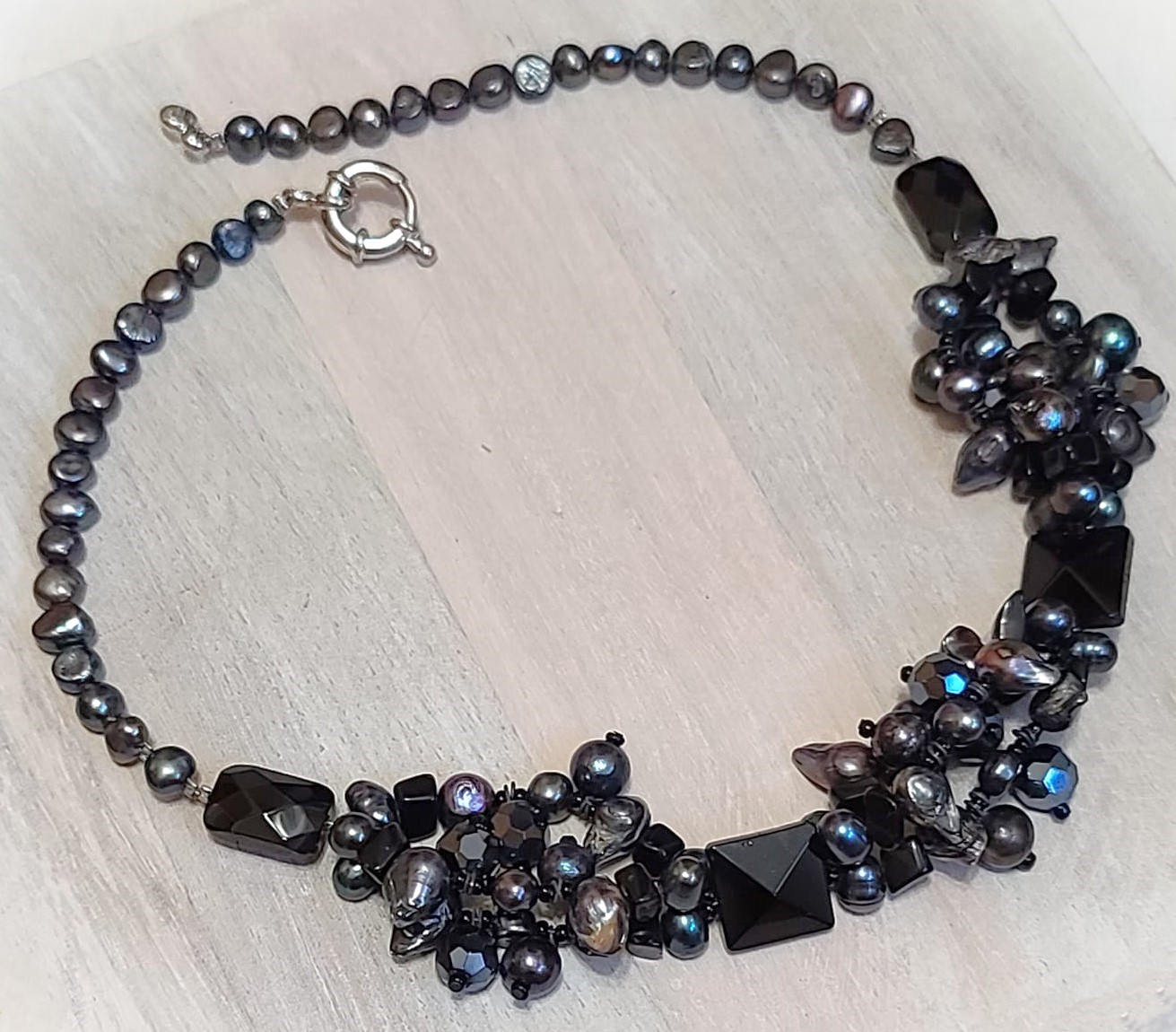 Peacock Pearl & Freshwater Pearls, Black Onyx Twist Necklace