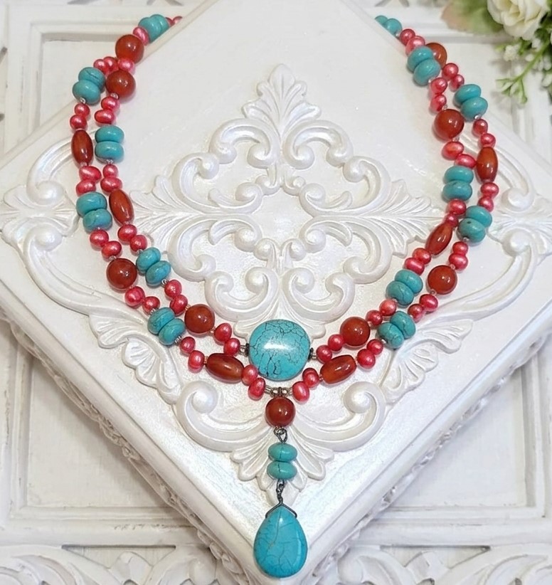 Red Agate and Turquoise Gemstone with Dyed Pearls 2 Strand Necklace
