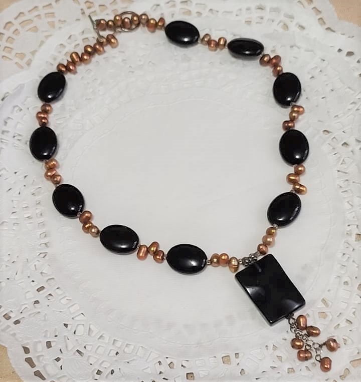 Black Onyx and Coffee Pearl Drop Necklace