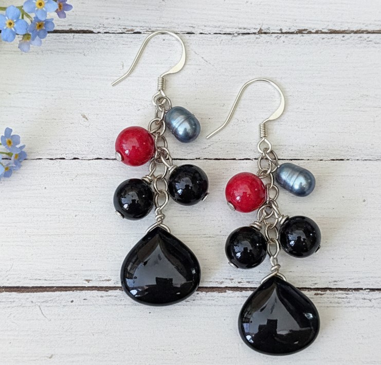 Red Agate & Black Onyx 925 Sterling Silver Dangle Earrings