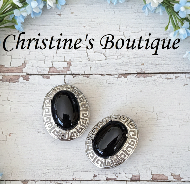 Onyx Gemstone Chinese Design 925 Sterling Silver Earrings