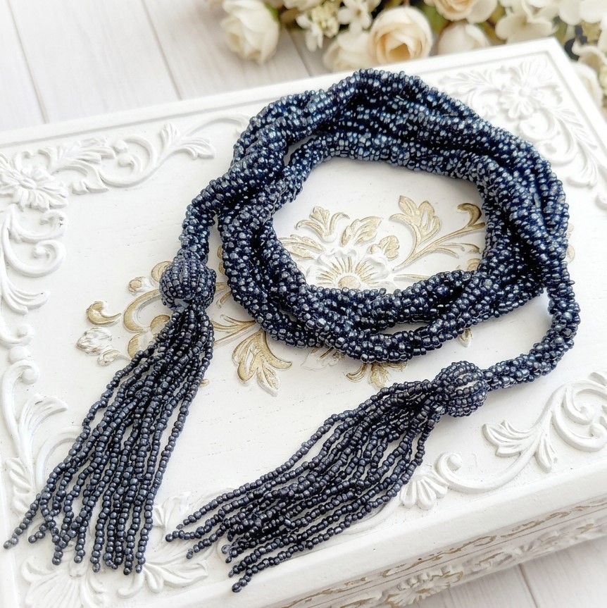 Glass seed bead rope style belt lariat - dark metallic gray