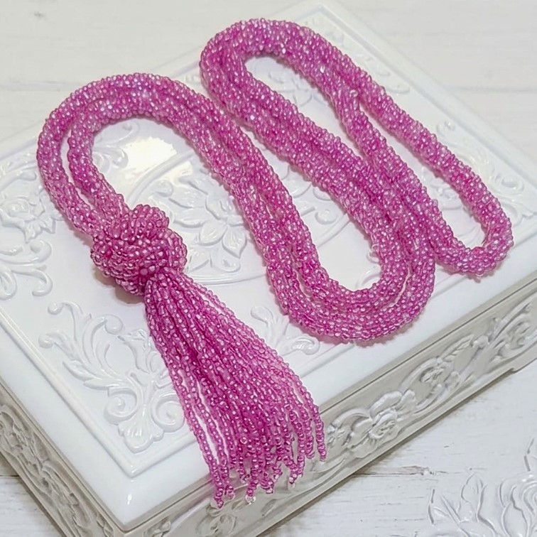 Glass seed bead rope style belt lariat - pink