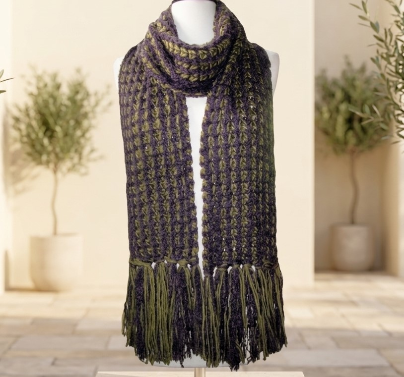 Olive Green and Purple Open Weave Scarf
