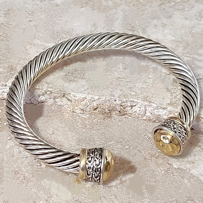 Swirled gold and silver fashion open cuff style bracelet