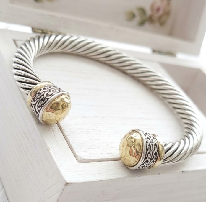 Braided Open Cuff Two Tone Bracelet with Silver and Gold Accents