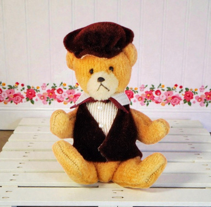 Vintage mini bear jointed bear 3" tall with vest and hat