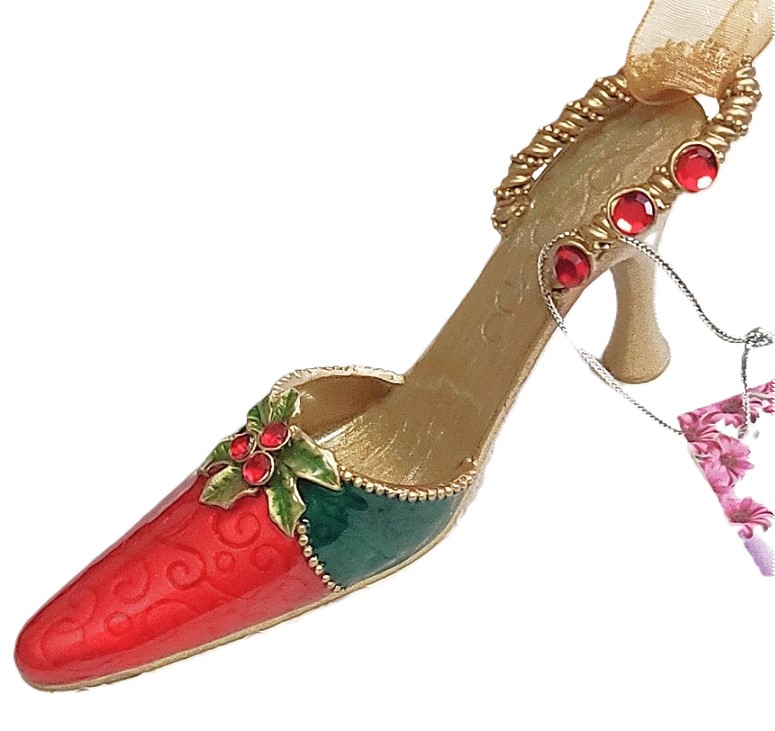 High heel shoe ornament, shoe ornament, or dresser trinket, comes with ribbon hanger