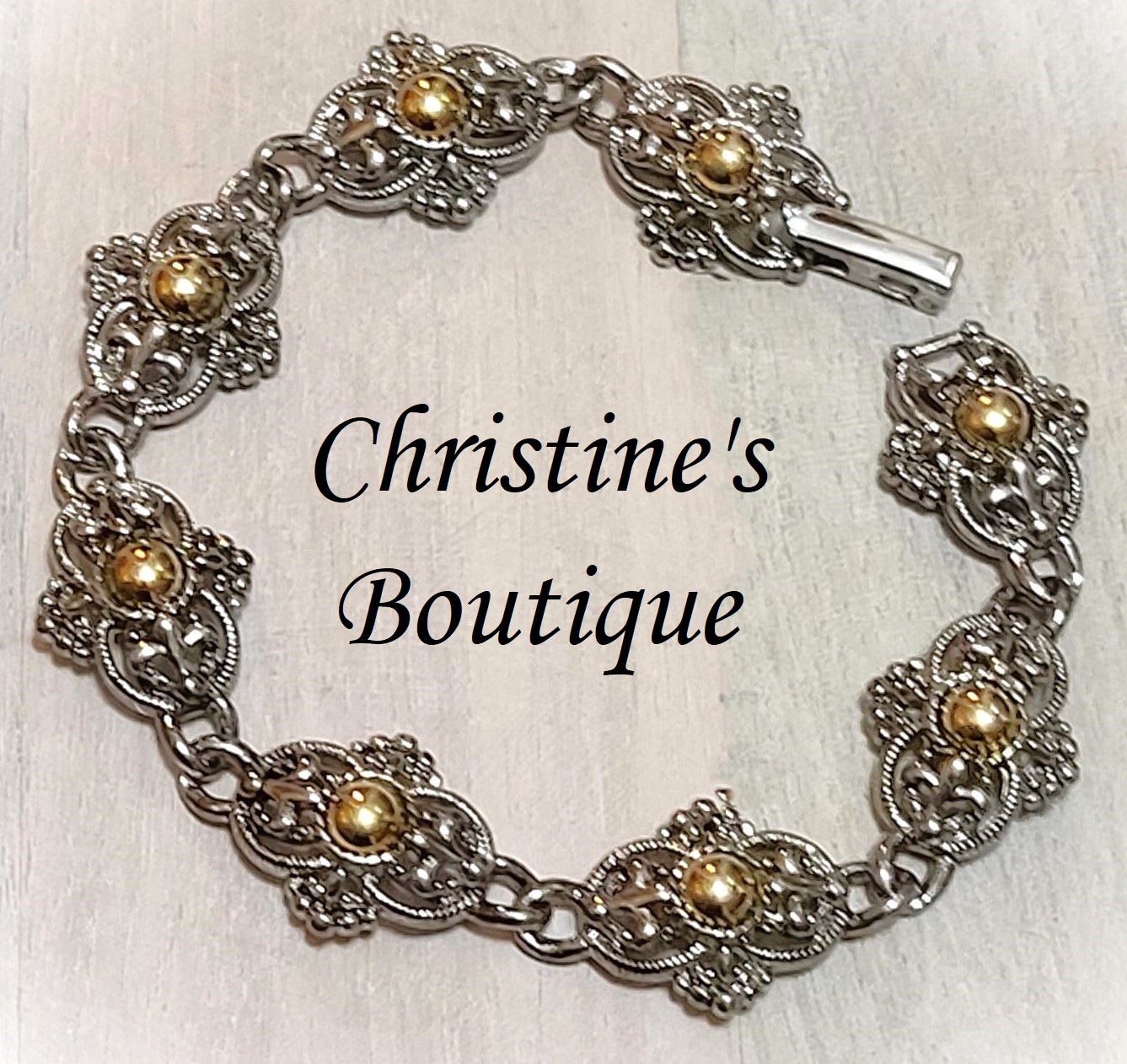 Fiigree bracelet, by Park Lane Jewels, gold and silver combination bracelet, vintage - Click Image to Close