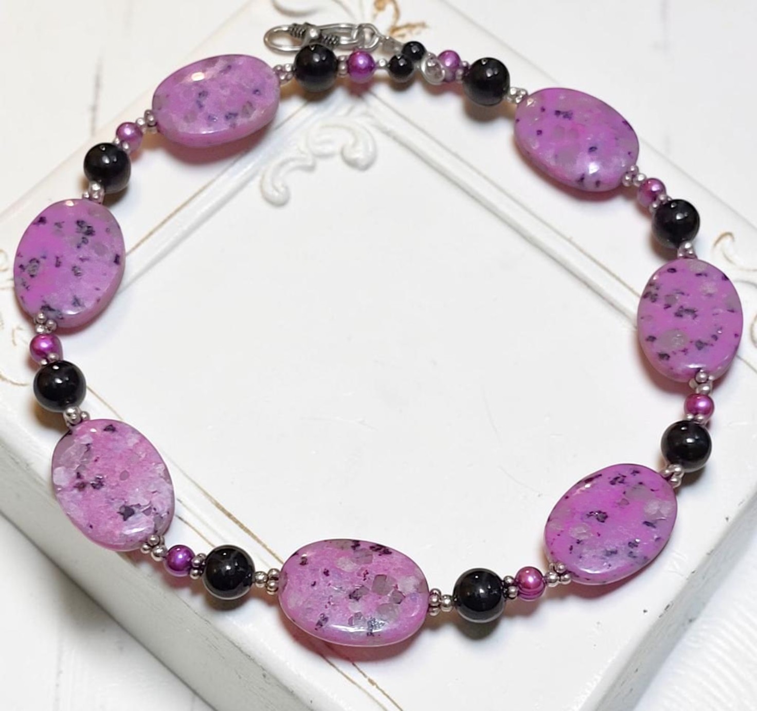 Gemstone necklace, handcrafted, violet damation jasper, onyx, freshwater pearls w/sterling silver clasp