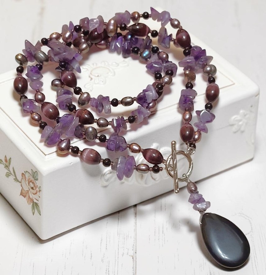 Amethyst lariat necklace, black onyx gemstone,cats eye handcraft