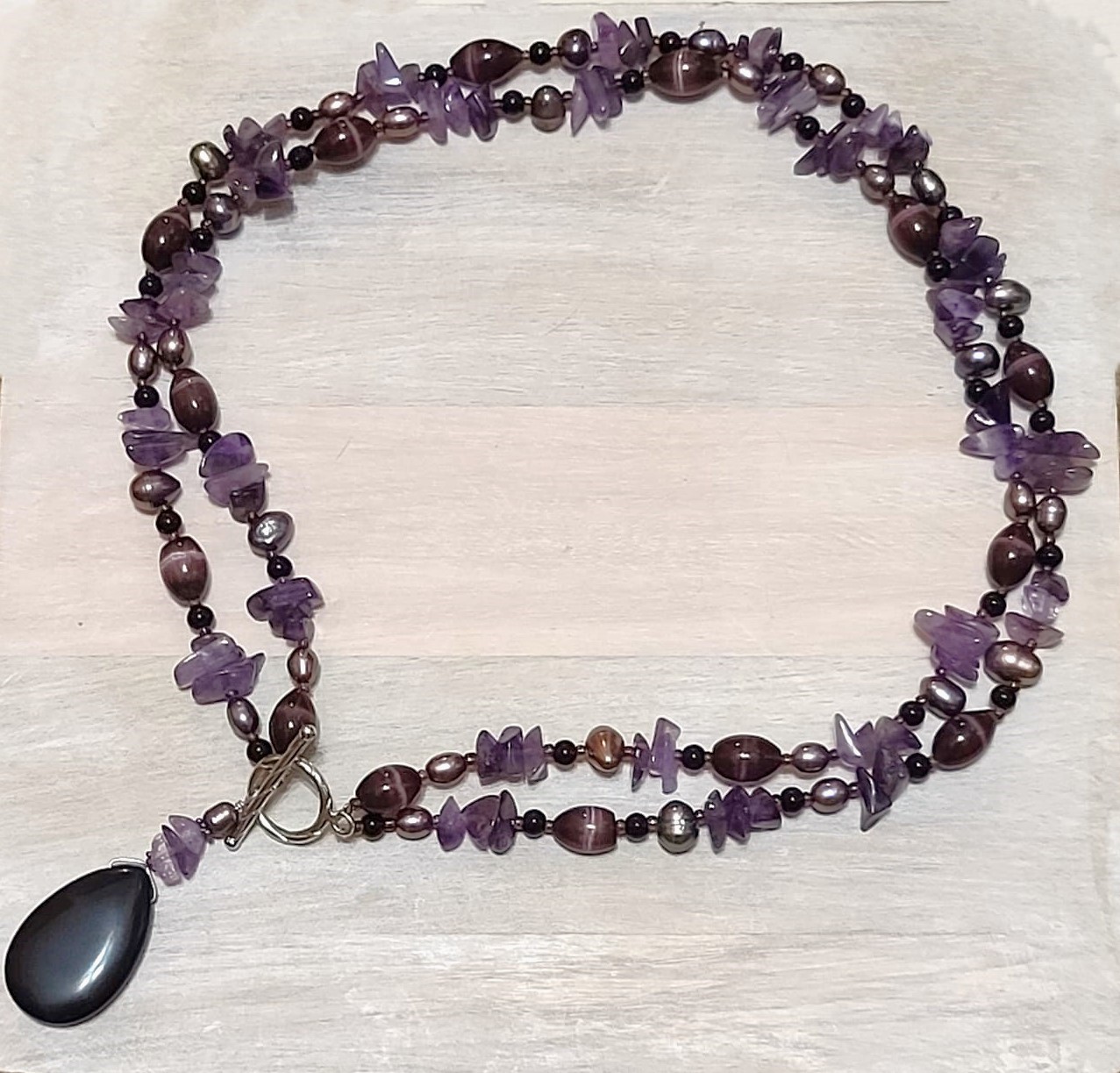 Amethyst lariat necklace, black onyx gemstone,cats eye handcraft