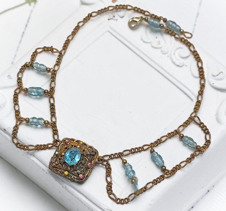 Vintage Blue Topaz Rhinestone & Glass Princess Necklace