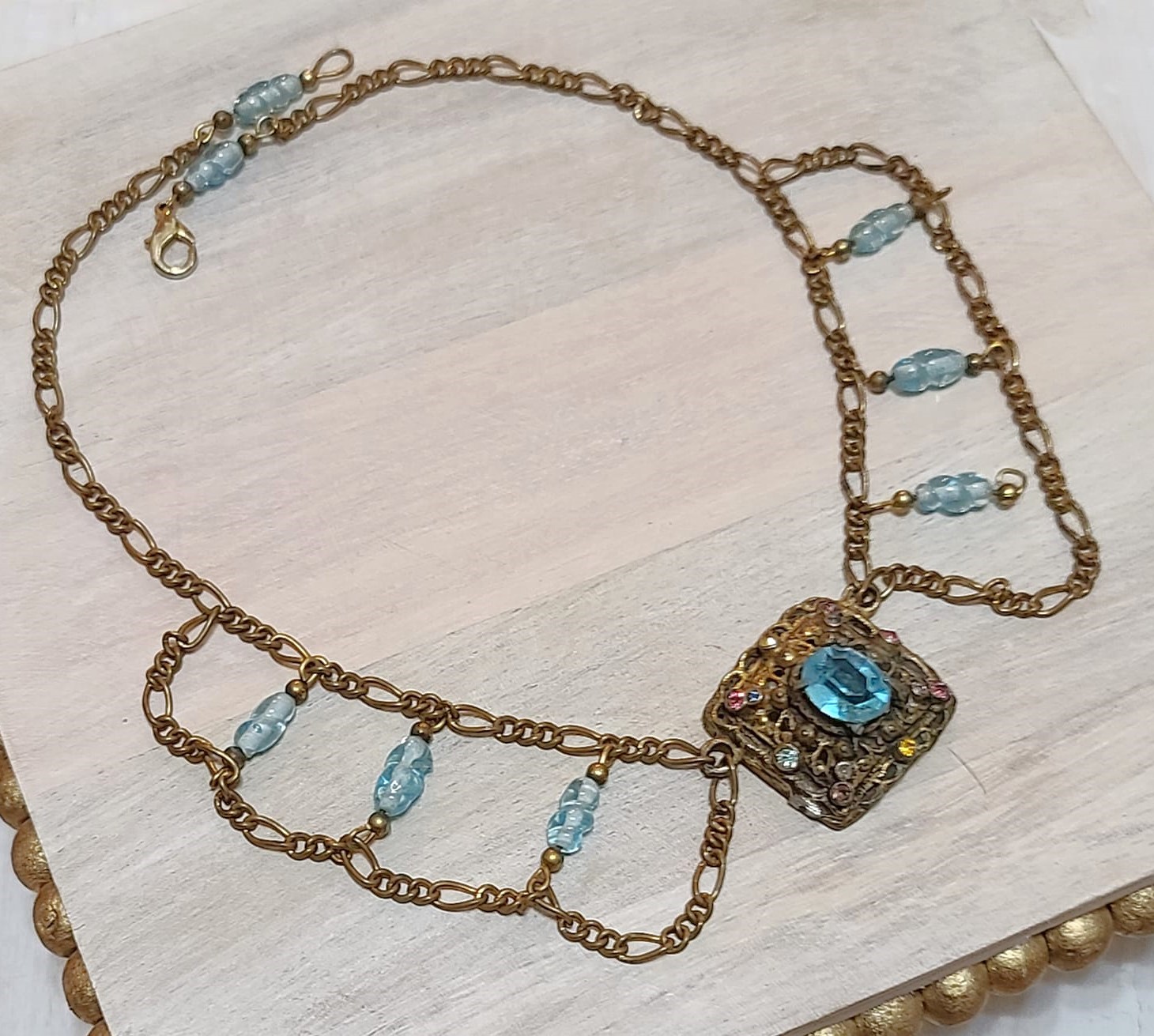 Vintage Blue Topaz Rhinestone & Glass Princess Necklace