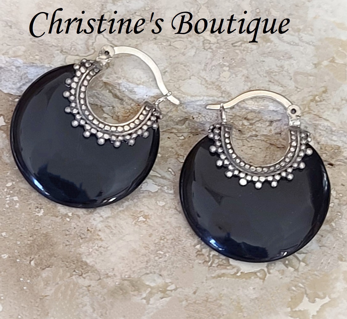 Onyx gemstone earrings, hoop style, 925 sterling silver - Click Image to Close