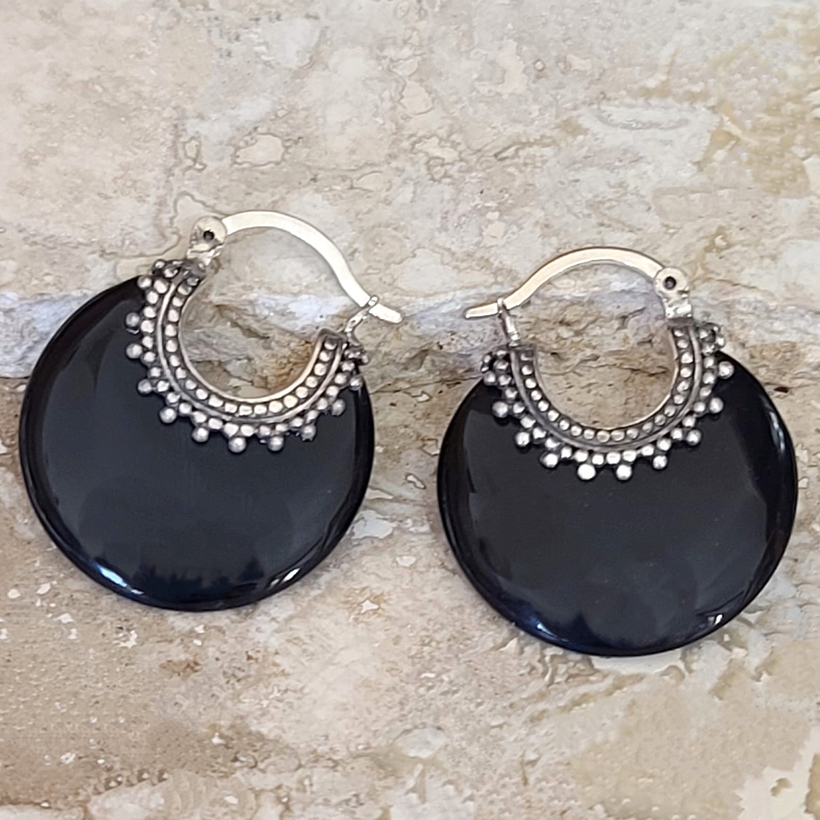 Onyx gemstone earrings, hoop style, 925 sterling silver
