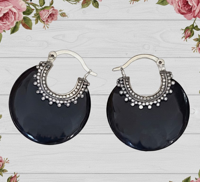 Onyx gemstone earrings, hoop style, 925 sterling silver