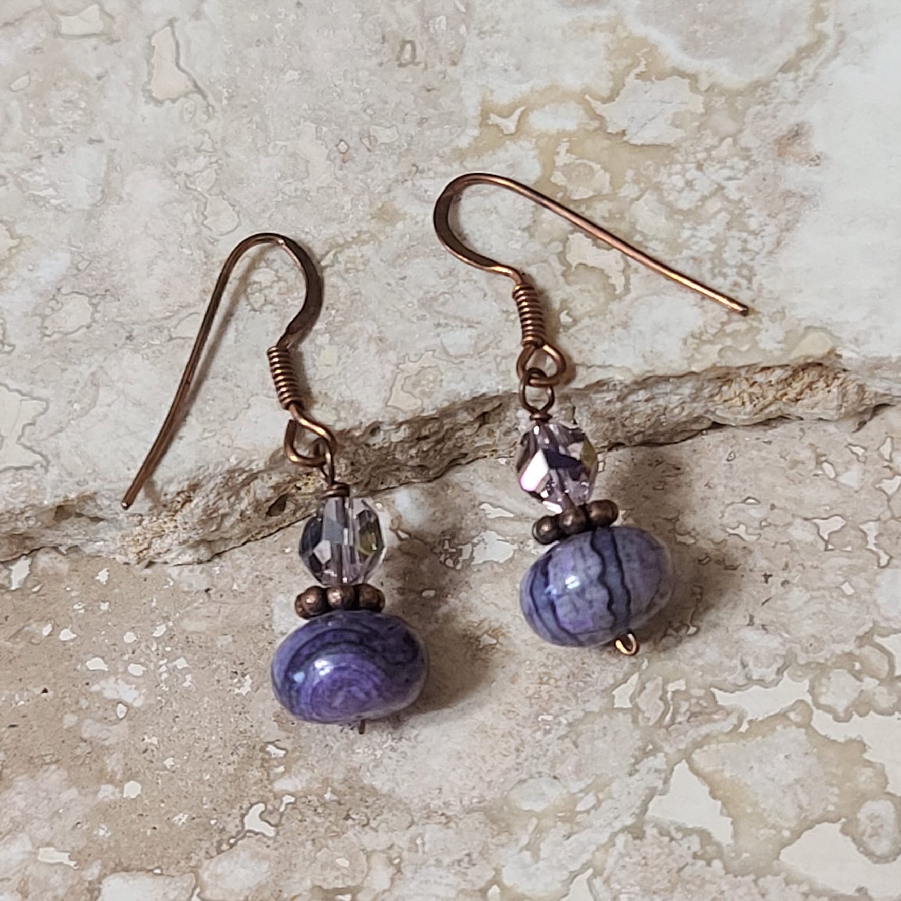 Copper French Wire Earrings with Purple Agate & Crystals