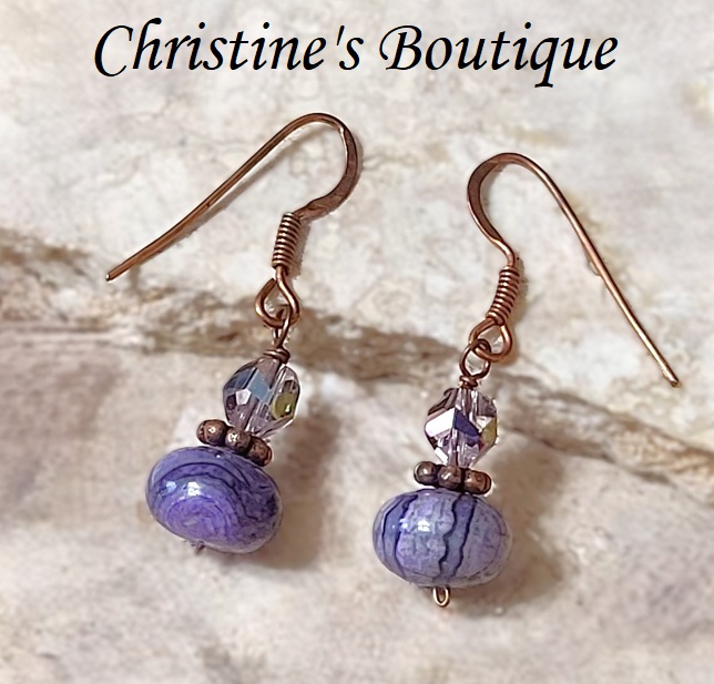 Copper French Wire Earrings with Purple Agate & Crystals - Click Image to Close