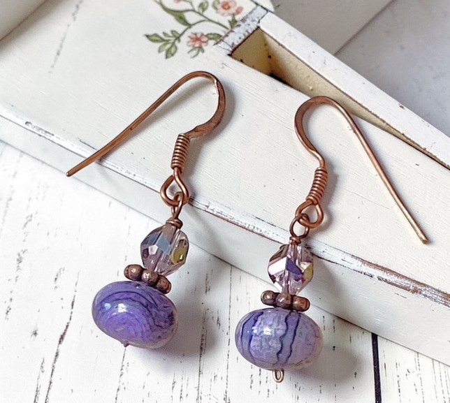 Purple Agate Gemstone and Crystal Dangle Earrings
