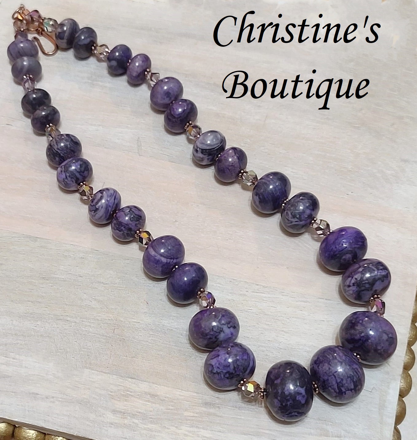 Purple agate gemstone necklace with copper spacers and crystals - Click Image to Close