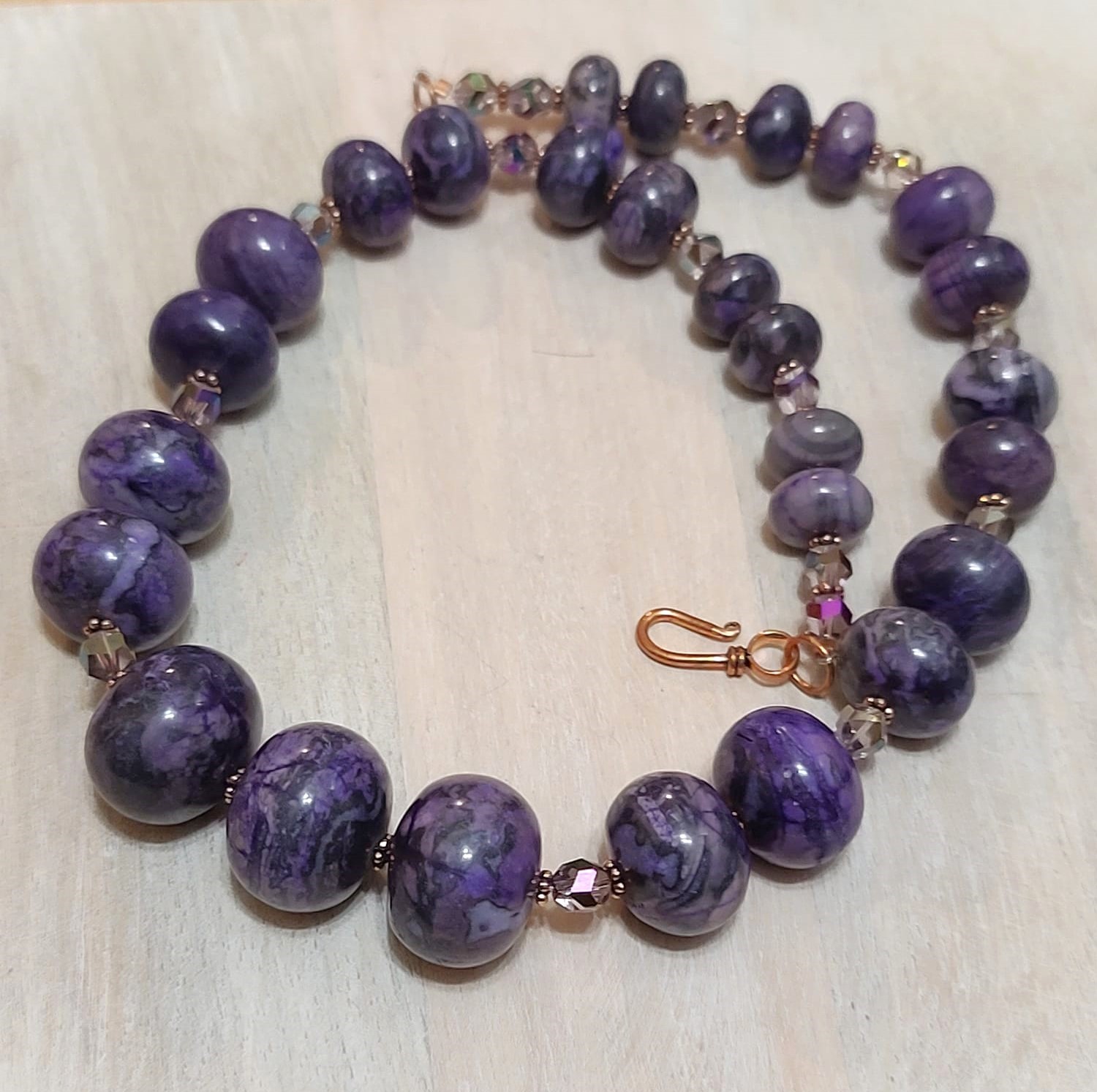 Purple agate gemstone necklace with copper spacers and crystals