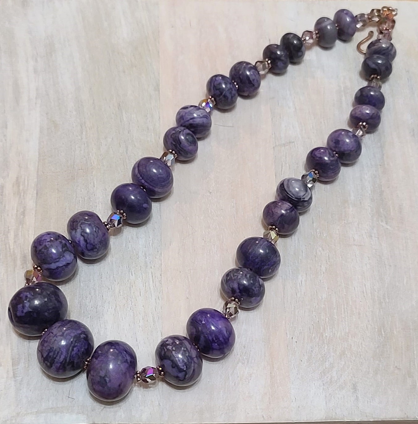 Purple agate gemstone necklace with copper spacers and crystals