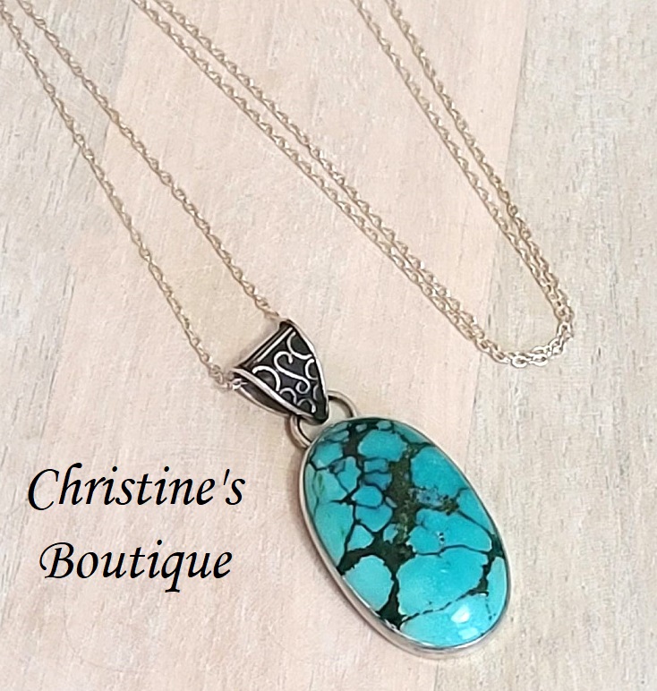 Turquoise pendant necklace, 925 sterling silver and chain - Click Image to Close