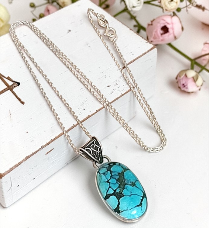 Turquoise pendant necklace, 925 sterling silver and chain