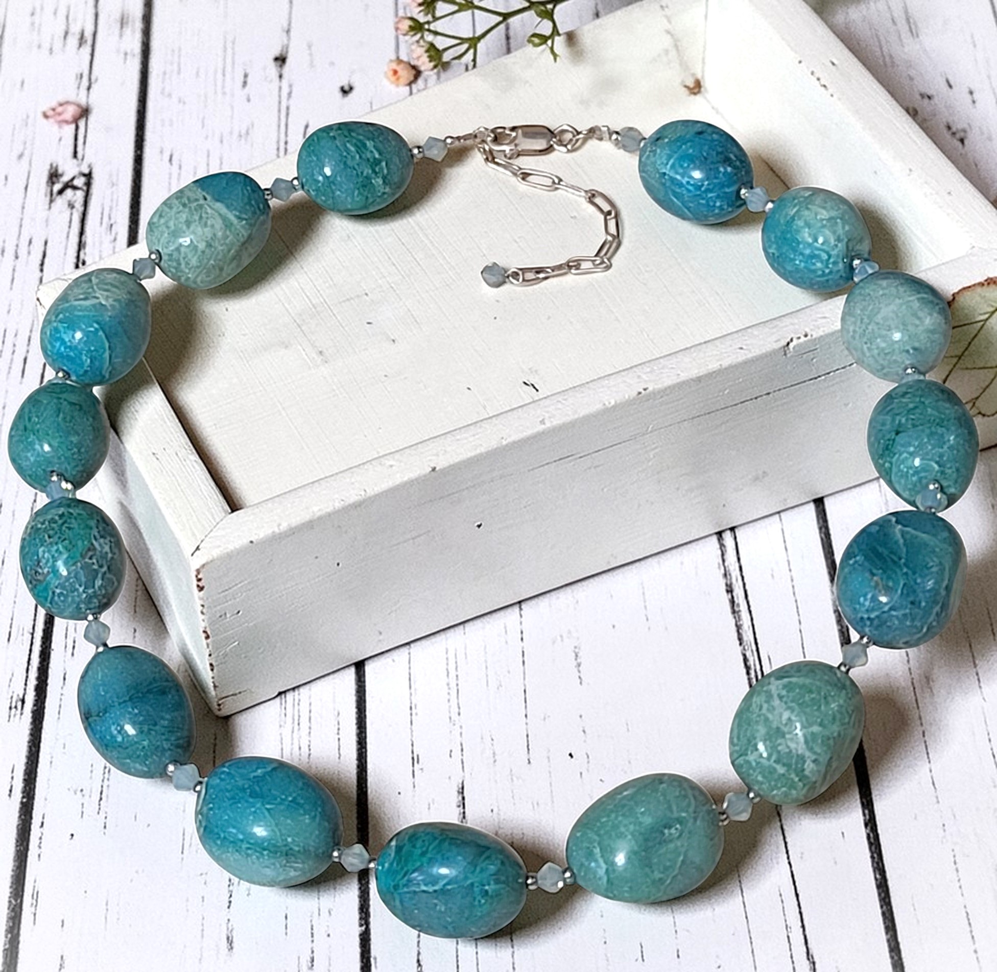 Chrysocolla Gemstone and Crystal Necklace w/Sterling Silver